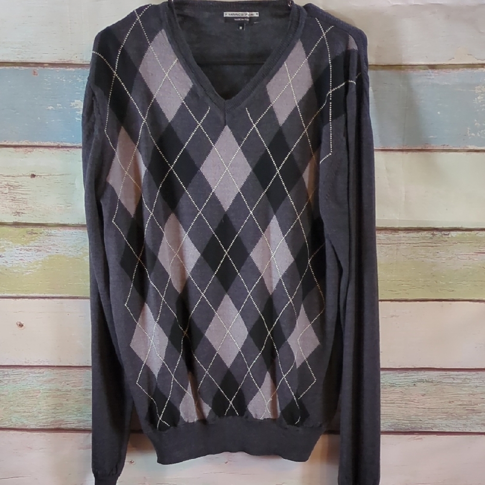 Marco Fiori Men's V-Neck Argyle Sweater - Black and Gray